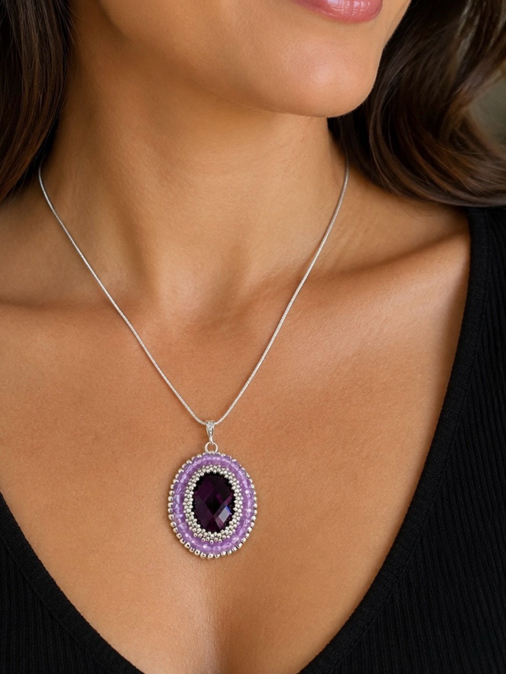 Hand Crafted Silver Necklace with Purple Oval Gemstone Pendant - Picture 3 of 9